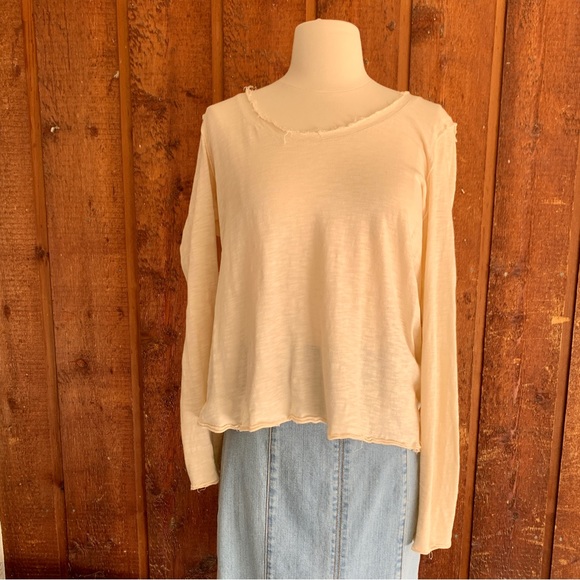 Anthropologie Long Sleeve Cream Scoop Neck Top - Picture 2 of 4